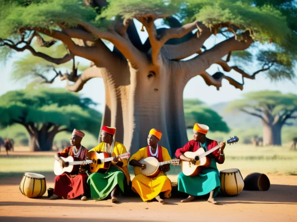 Un grupo de músicos toca instrumentos bantúes bajo un baobab, creando una atmósfera vibrante y llena de vida