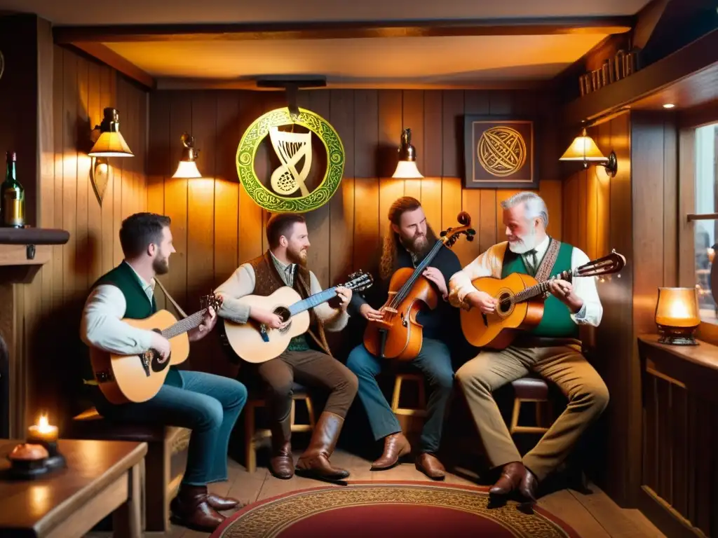 Un grupo de músicos toca instrumentos celtas en un pub acogedor, con una influencia fonética celta música palpable en el ambiente