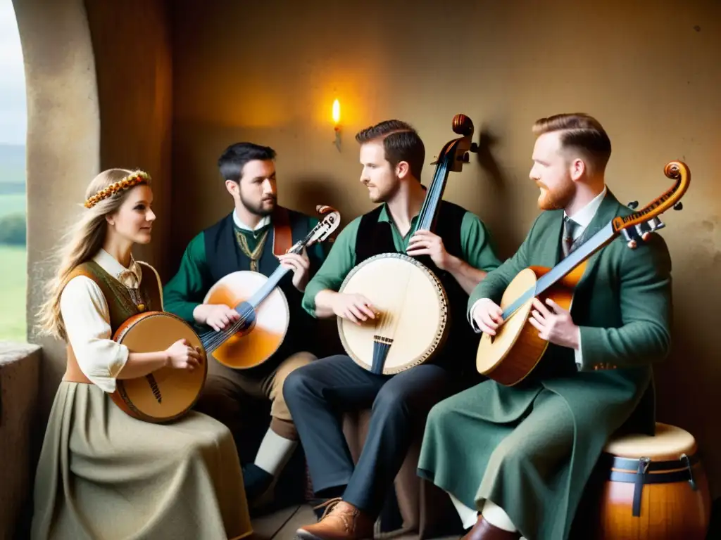 Un grupo de músicos toca instrumentos celtas en un entorno rústico y cálido, evocando la influencia externa en la fonética celta