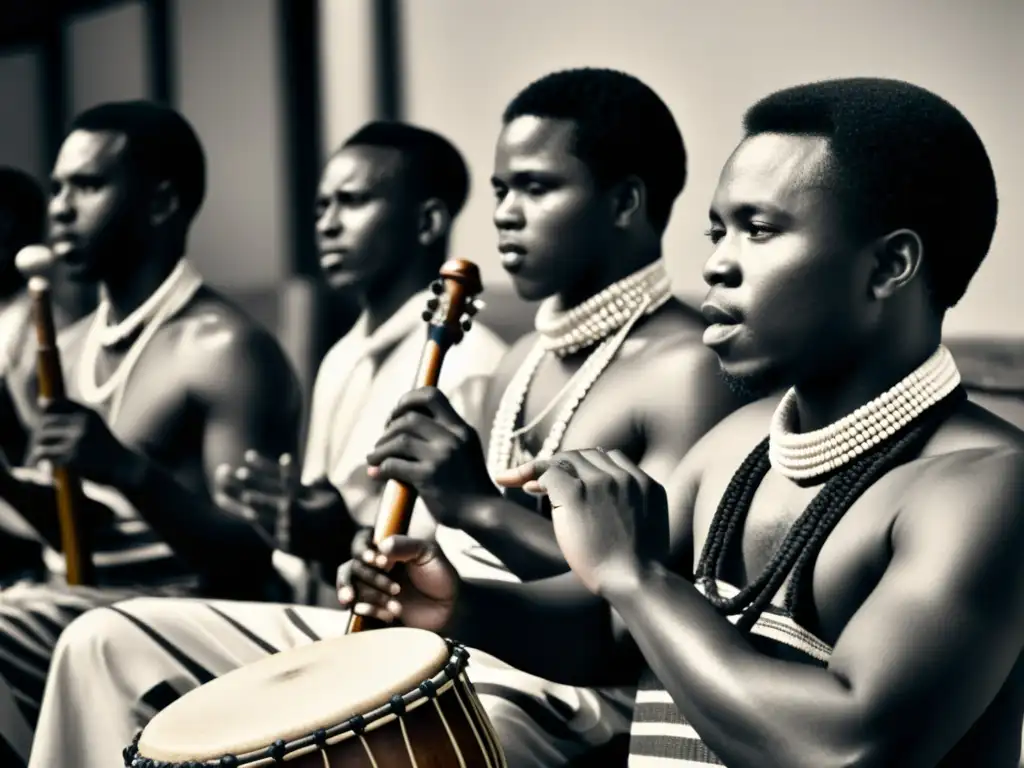 Grupo de músicos bantúes tocando instrumentos tradicionales, evocando el impacto de las lenguas bantúes en la música contemporánea