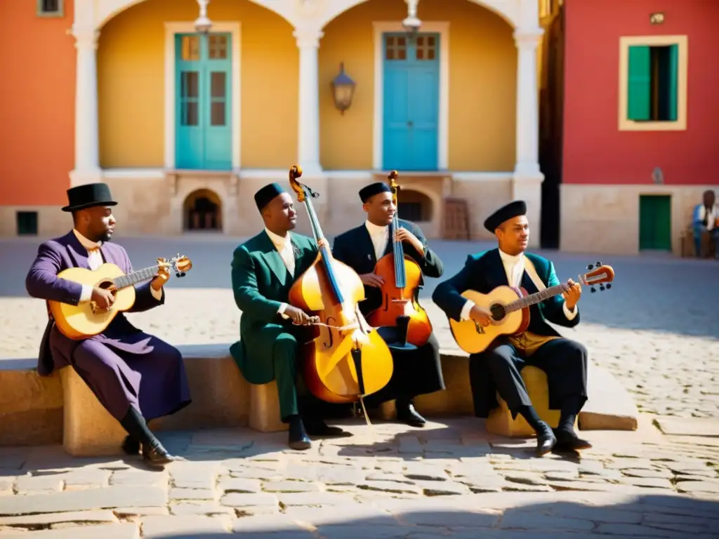 Grupo de músicos tocando instrumentos tradicionales en una plaza histórica, creando una conexión entre dialectos y ritmos