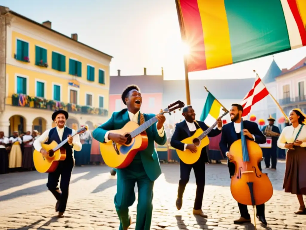 Grupo de músicos tocando instrumentos tradicionales en una animada plaza, con banderas coloridas ondeando en el fondo