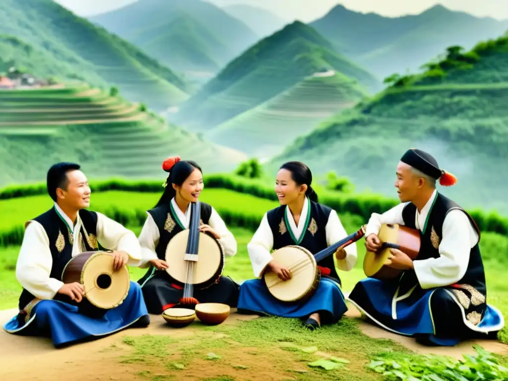 Un grupo de músicos Hakka interpretando música tradicional en un entorno rural, evocando la influencia del Hakka en la música