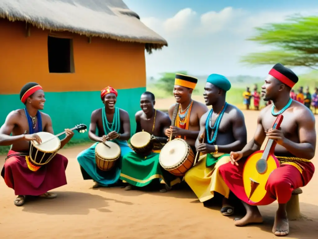 Grupo de músicos interpretando música tradicional Bantú en un vibrante pueblo, capturando el impacto de las lenguas Bantú en la música contemporánea