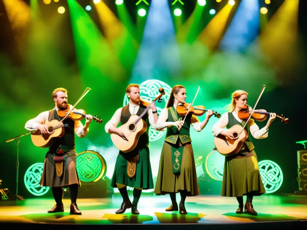 Un grupo de músicos neoceltas en trajes tradicionales ejecutan con pasión en un escenario, rodeados de exuberante vegetación y cálida iluminación