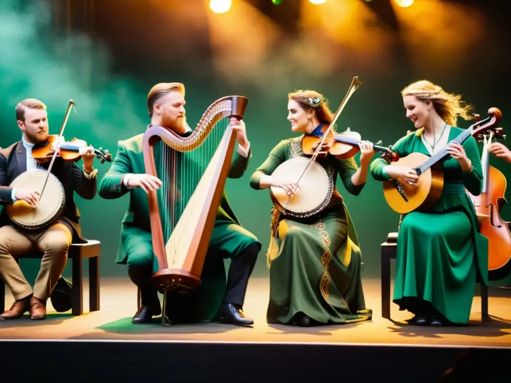 Grupo de músicos neoceltas vistiendo trajes tradicionales, tocando instrumentos celtas en un escenario decorado con símbolos antiguos, creando un impacto cultural