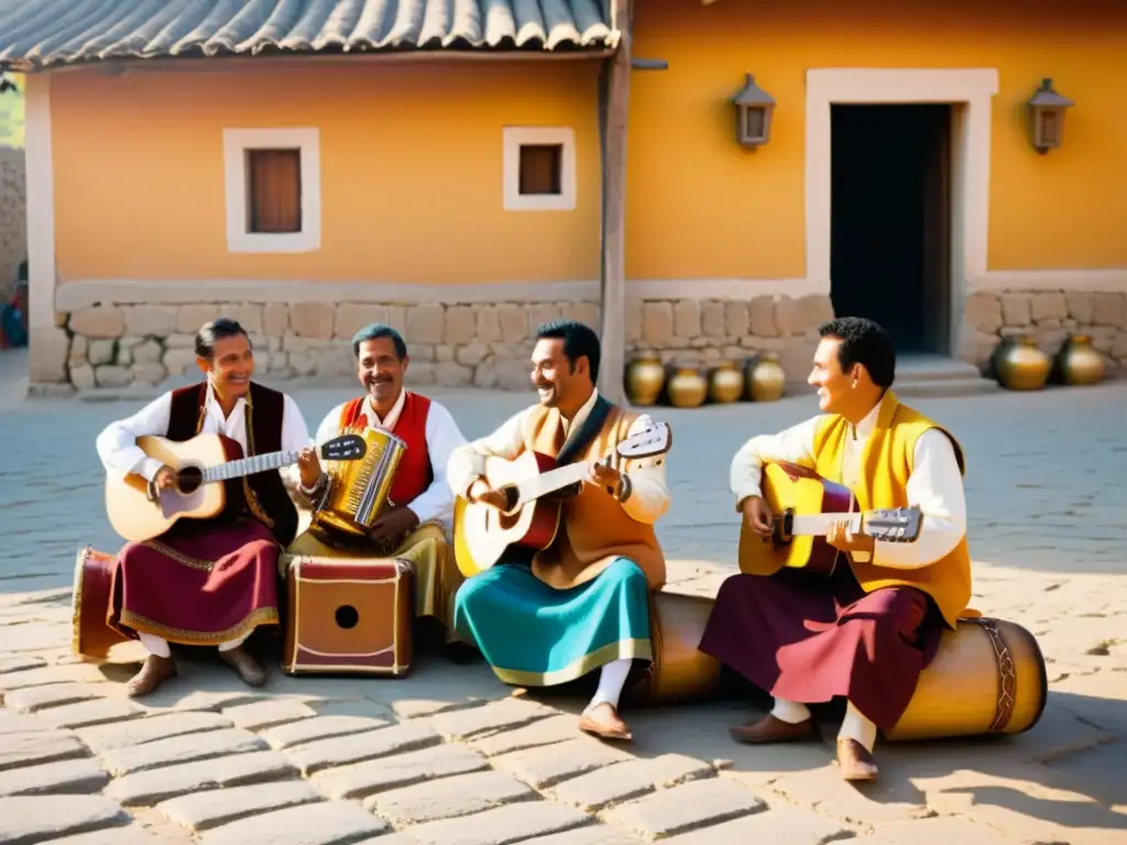 Un grupo de músicos en una plaza de pueblo tocando instrumentos únicos y cantando en dialecto local