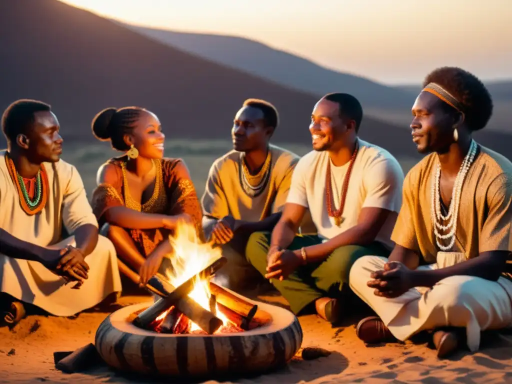 Un grupo de músicos y poetas africanos actúan alrededor de una fogata, expresiones artísticas conservación lingüística africana