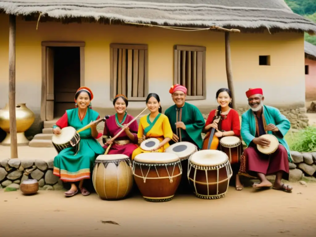 Un grupo de músicos tradicionales toca con alegría en un pueblo rústico