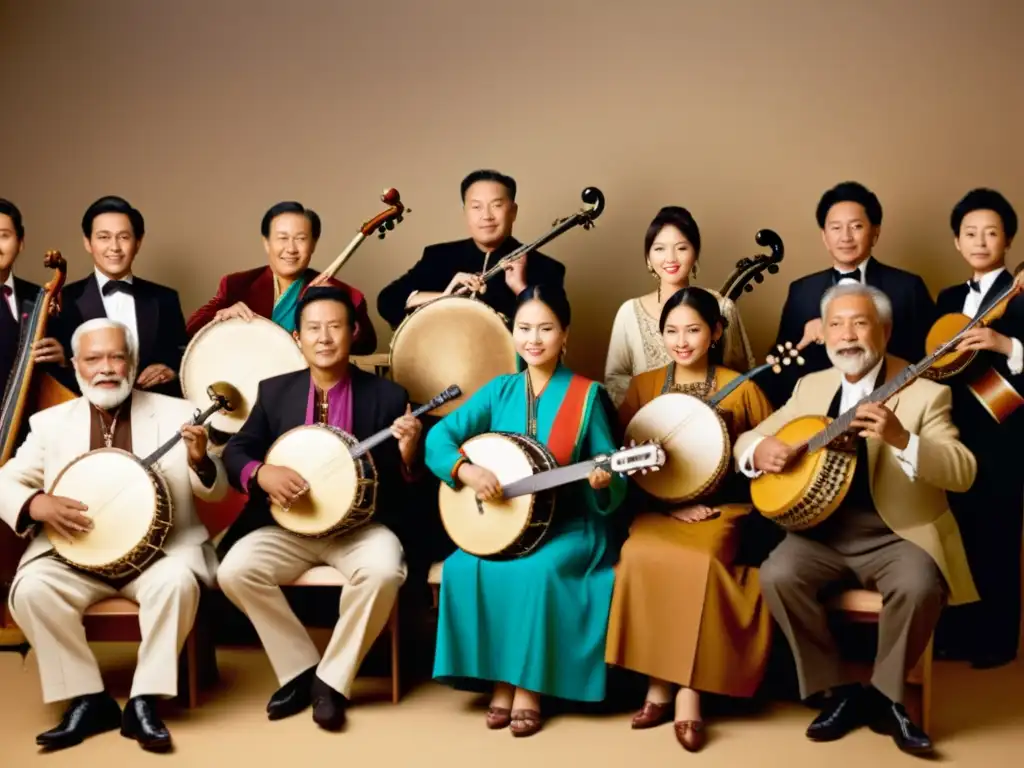 Grupo de músicos con trajes tradicionales tocando instrumentos, conectando dialectos y ritmos ante una audiencia diversa