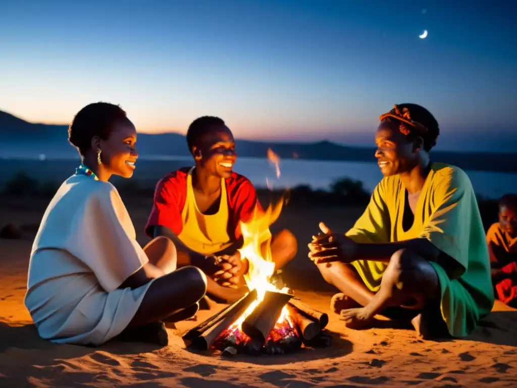 Grupo de narradores africanos comparten expresiones literarias lenguas bantúes alrededor de la fogata, en una escena misteriosa y culturalmente rica