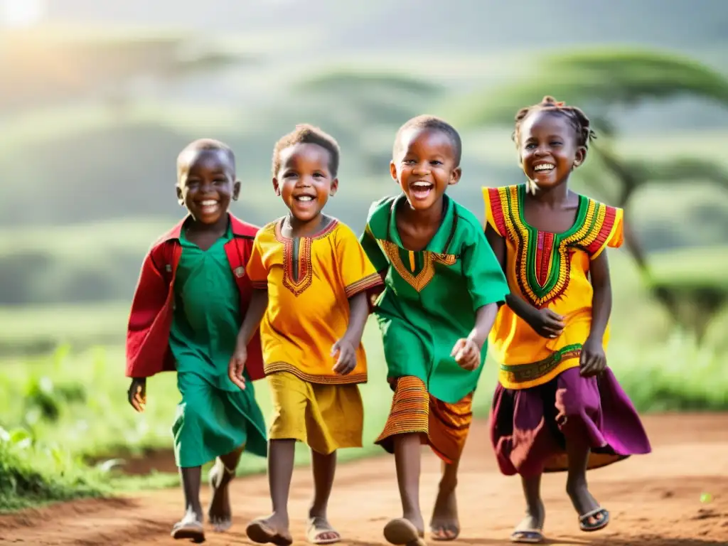 Un grupo de niños africanos riendo y jugando en un escenario vibrante y cálido que refleja interjecciones en lenguas africanas