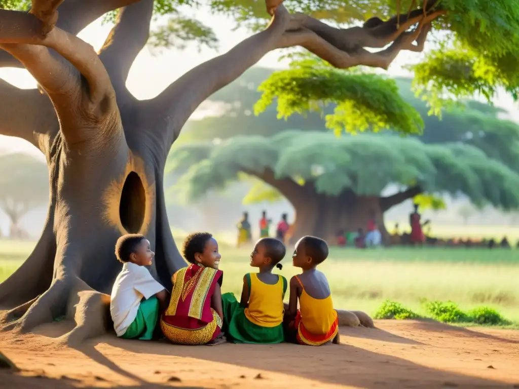 Grupo de niños africanos de distintas etnias conversando bajo un árbol, desafiando prejuicios lenguas africanas minoritarias