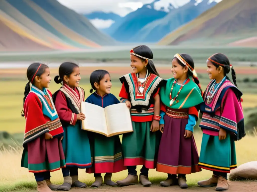 Un grupo de niños andinos de diferentes comunidades indígenas, vestidos con trajes tradicionales y hablando en sus lenguas nativas