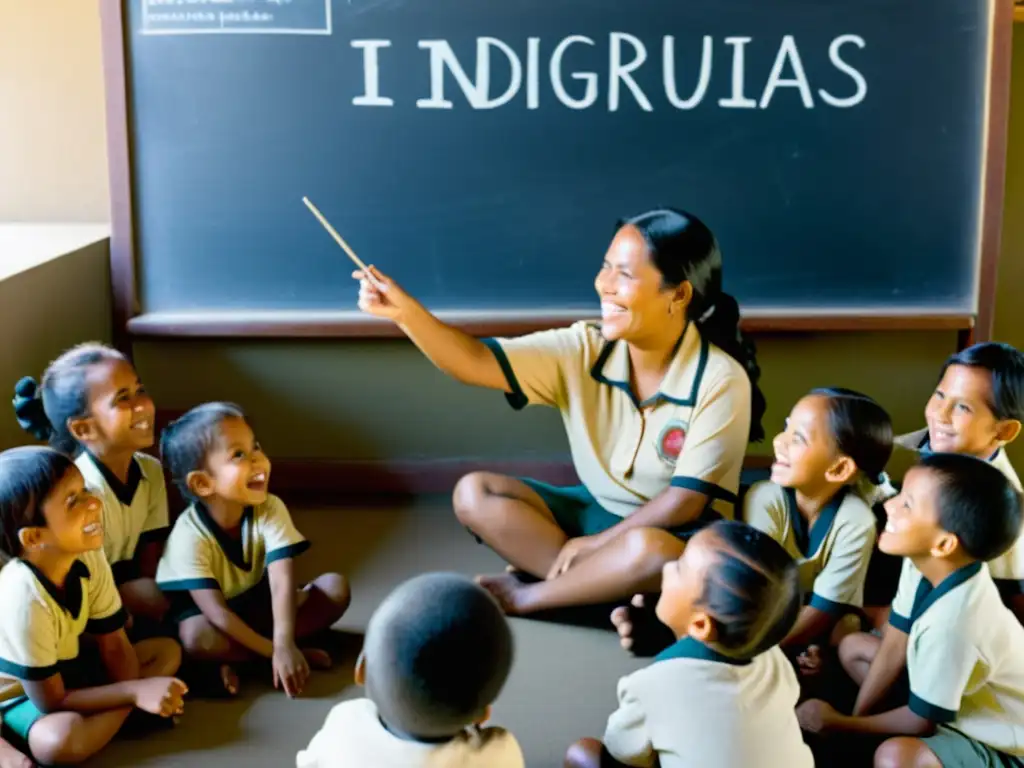 Grupo de niños de comunidad indígena aprendiendo bilingüe con entusiasmo y maestra sonriente