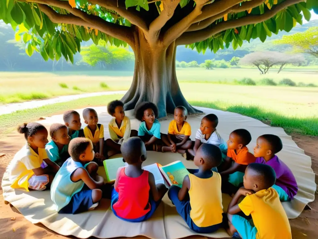 Un grupo de niños escucha atentamente cuentos en lenguas bantúes bajo un árbol centenario