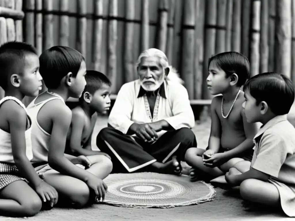 Un grupo de niños indígenas escucha atentamente a un anciano contando una historia en su idioma nativo, vistiendo trajes tradicionales