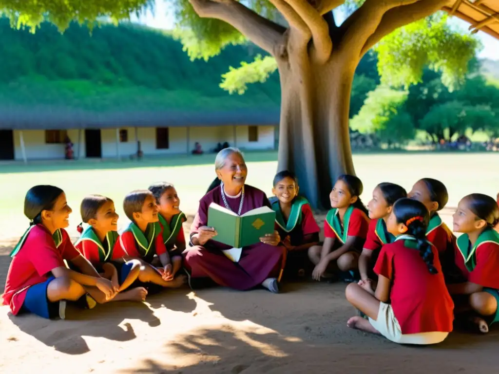 Grupo de niños indígenas escuchando atentamente a un sabio bajo un árbol