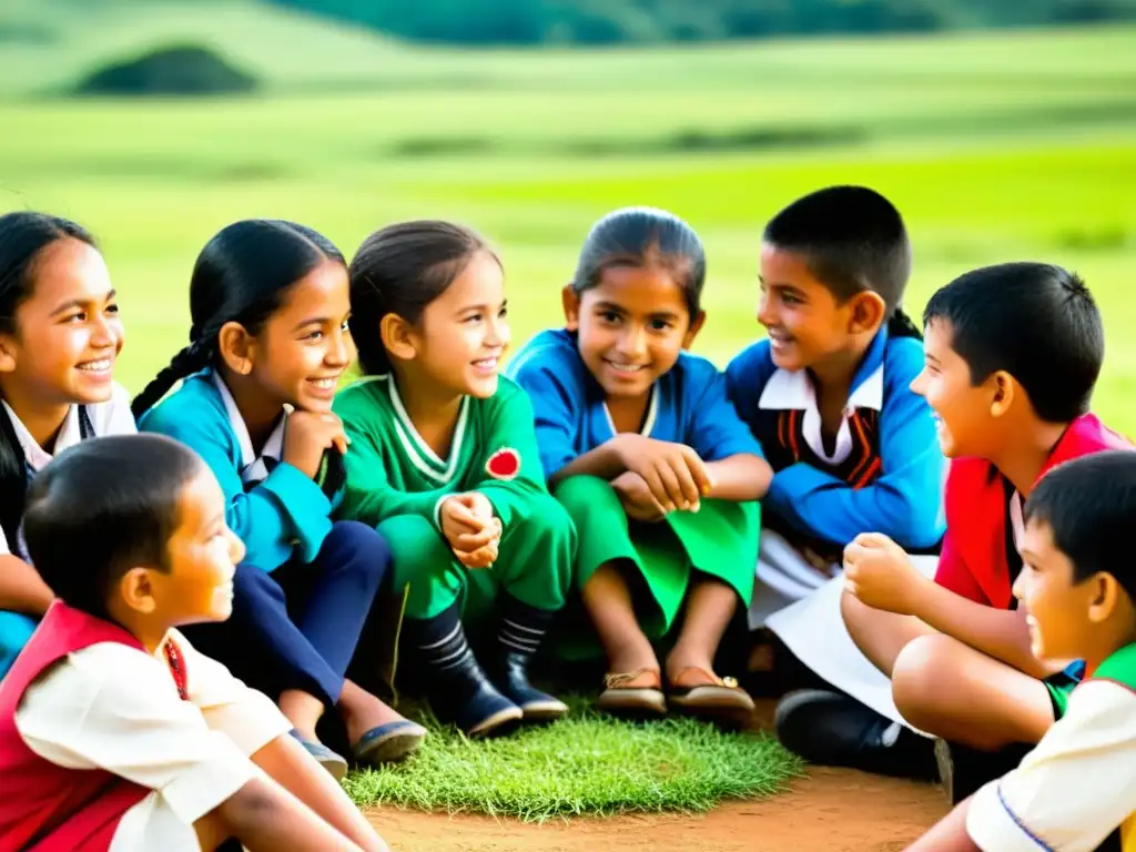 Un grupo de niños paraguayos vestidos con ropa tradicional guaraní, conversando animadamente en el campo