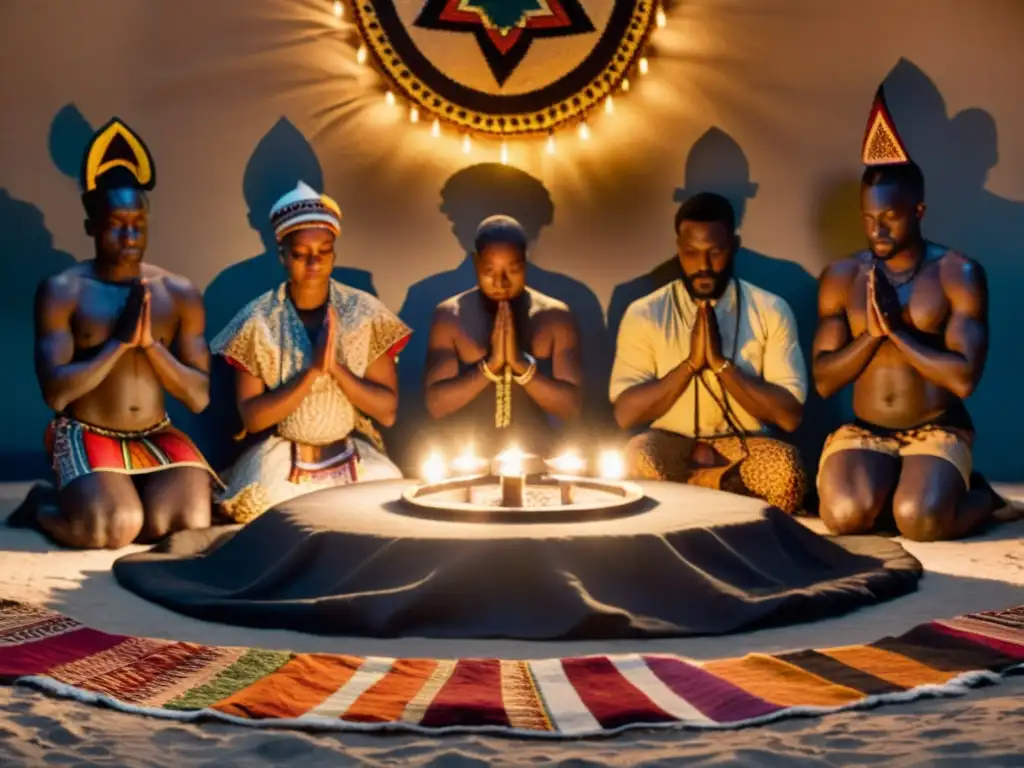 Grupo en oración con atuendos africanos en un ritual iluminado por velas