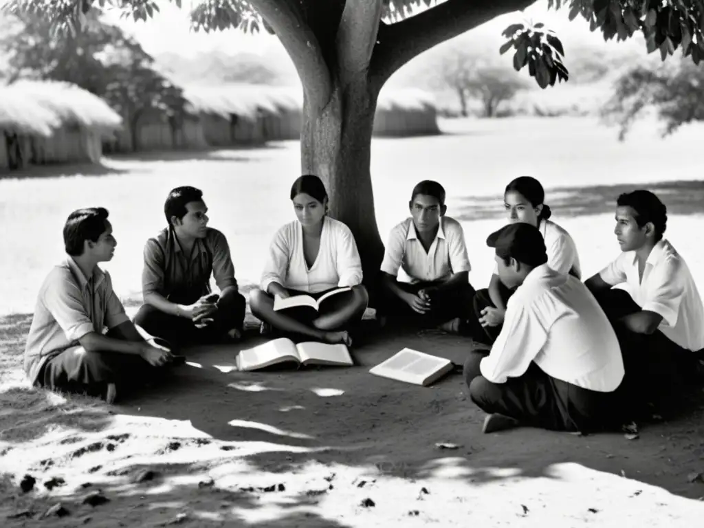 Grupo de Paraguayos estudiando guaraní bajo un árbol, preservando la cultura guaraní en la sociedad paraguaya