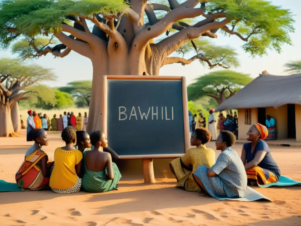 Un grupo de personas disfruta de una animada lección de Swahili bajo un baobab, con textiles coloridos