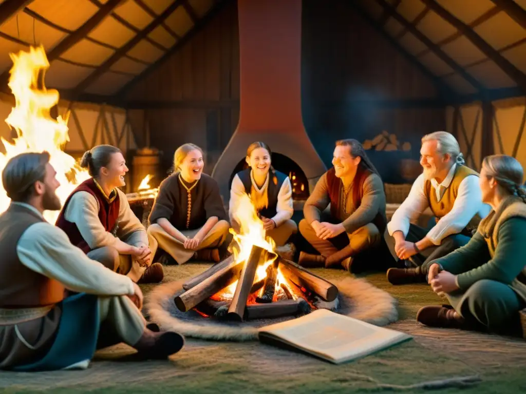 Un grupo de personas participa en un animado curso de dialectos nórdicos en una casa tradicional, iluminada por el cálido resplandor del fuego