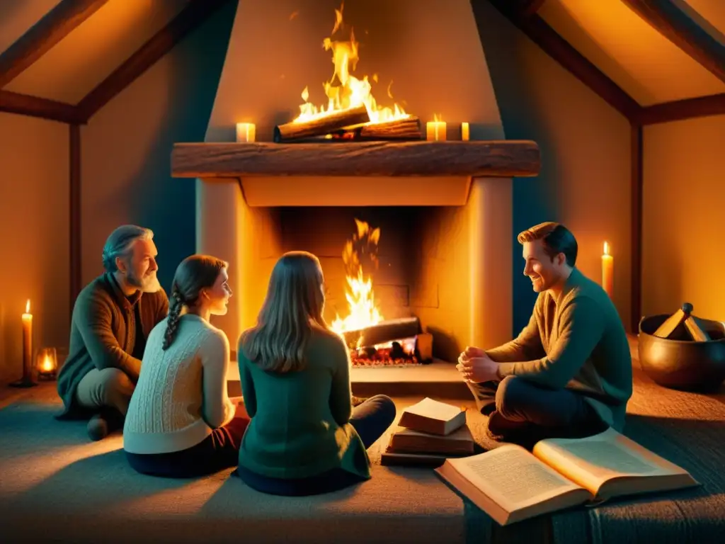 Un grupo de personas se reúne alrededor de una chimenea, sosteniendo antiguos manuscritos celtas, hablando en un idioma melodioso
