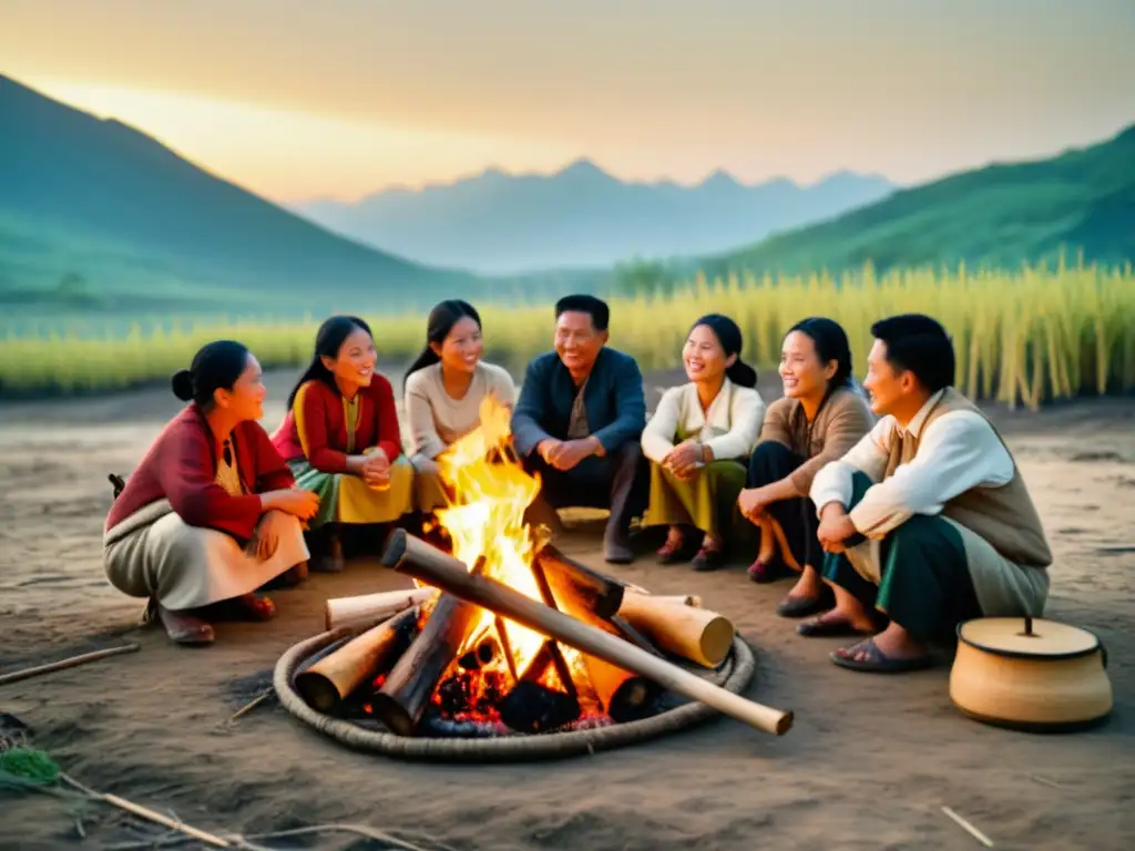 Un grupo de personas de una comunidad sinotibetana se reúne alrededor de una fogata, compartiendo historias y tradiciones