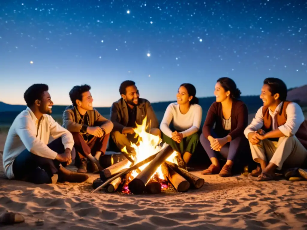 Un grupo de personas de distintas culturas comparten historias alrededor de una fogata, sosteniendo instrumentos musicales