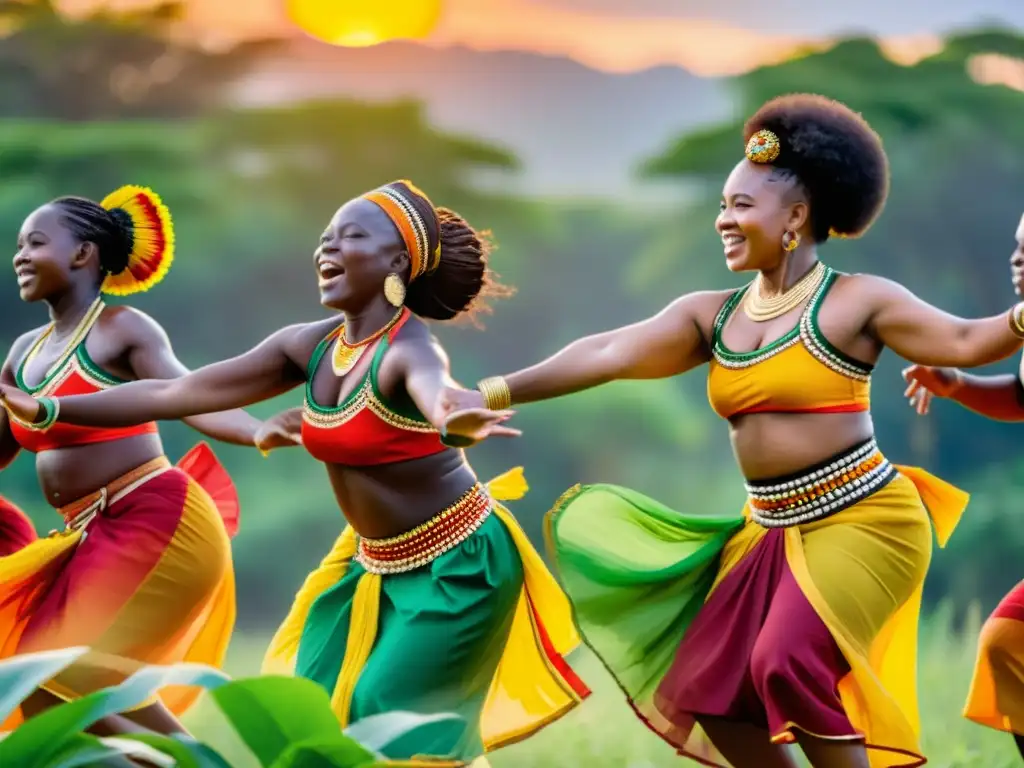 Grupo de personas bailando danza Bantu entre exuberante vegetación, con impacto global de lenguas bantúes