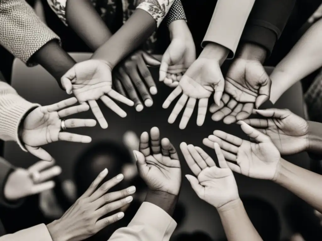 Un grupo de personas diversas se comunica en lenguaje de señas, capturado en una fotografía en blanco y negro de estilo vintage