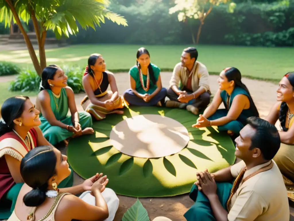 Un grupo de personas indígenas conversando animadamente en un círculo, rodeados de exuberante vegetación