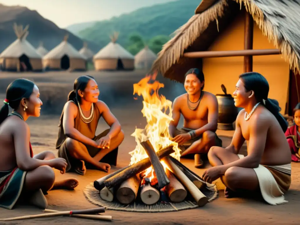 Un grupo de personas indígenas se reúnen alrededor de una fogata en un pueblo tradicional, preservando la lengua Hani