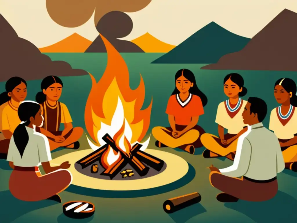 Reavivando la cultura: Pueblos indígenas junto al fuego Un grupo de personas indígenas se reúnen alrededor de un fuego, participando en actividades de revitalización del idioma