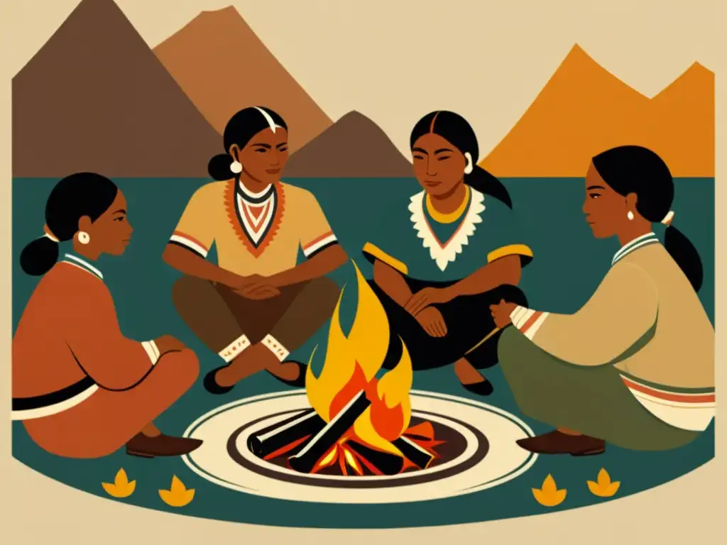 Reunión ancestral alrededor del fuego: preservando lenguas indígenas Un grupo de personas indígenas reunidas alrededor de una fogata, hablando en un idioma raro