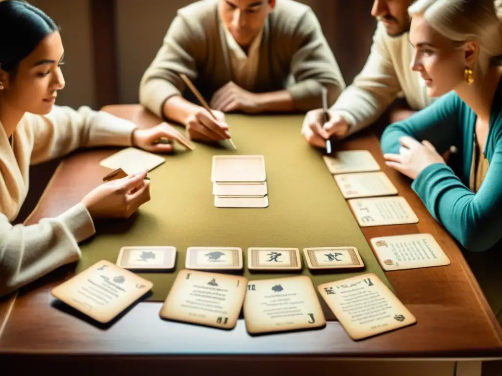 Un grupo de personas disfruta de un juego de cartas lingüístico en idiomas extintos, creando un ambiente intelectualmente intrigante y desafiante