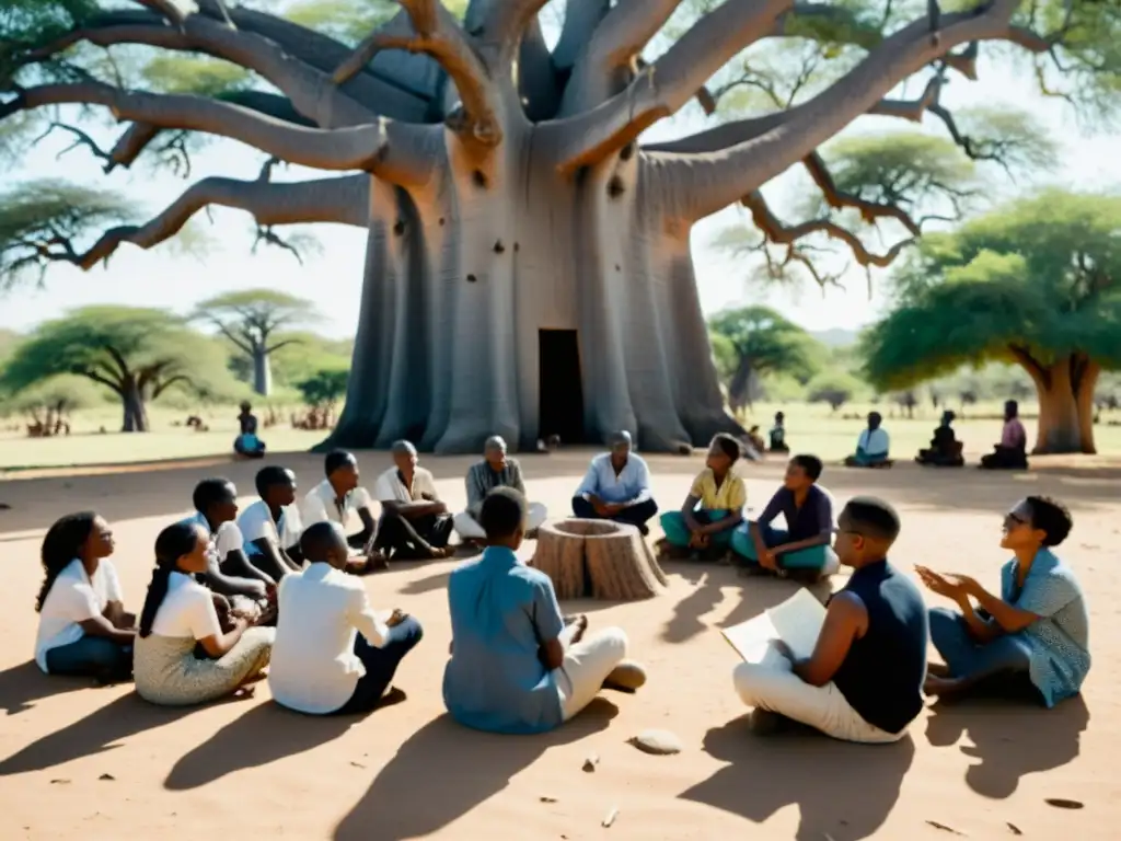 Un grupo de personas aprendiendo lenguas bantúes bajo un baobab