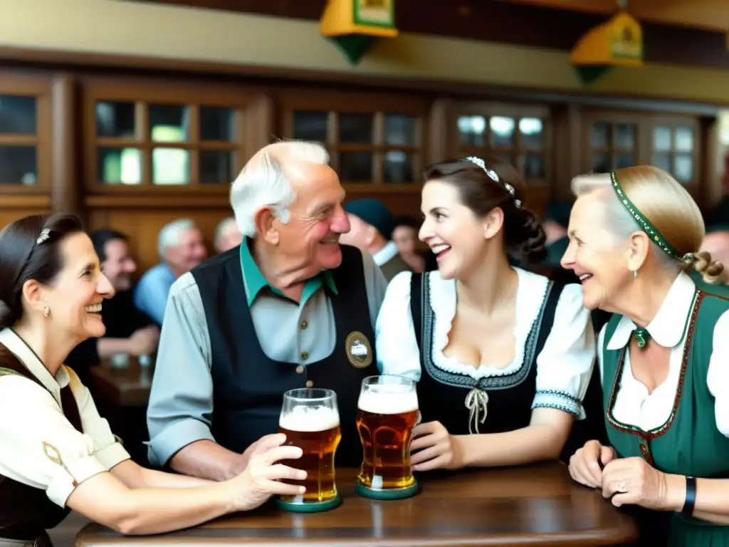 Un grupo de personas mayores conversando animadamente en un tradicional salón de cerveza alemán