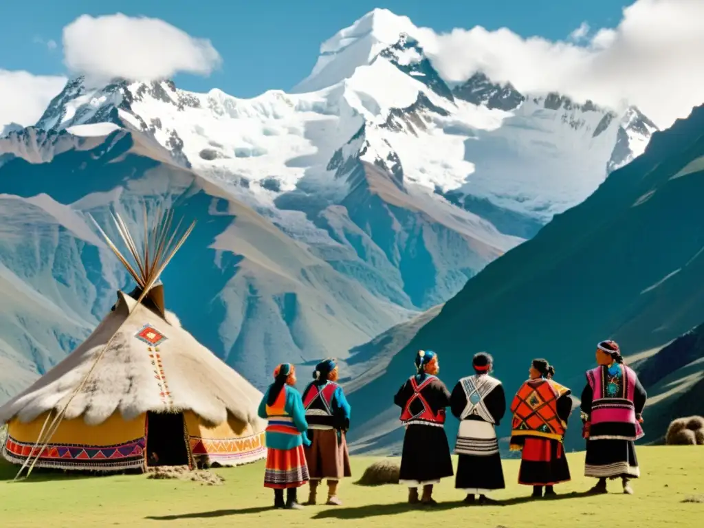 Grupo de personas Quechua conversando frente a casa tradicional en los Andes