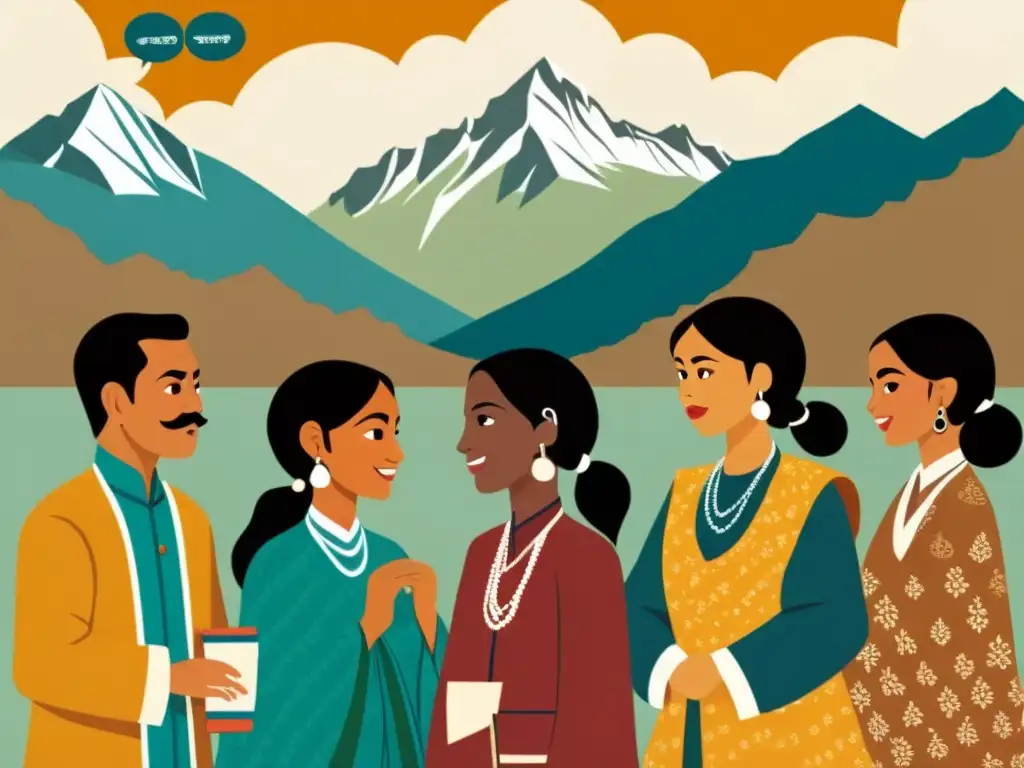 Un grupo de personas de diferentes regiones del Himalaya se reúnen, hablando en sus idiomas nativos