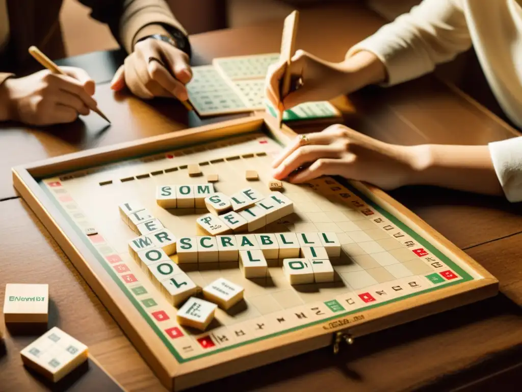 Partida de Scrabble multilingüe: nostalgia y diversión lingüística Un grupo de personas juega Scrabble multilingüe en una mesa de madera, rodeados de libros y diccionarios