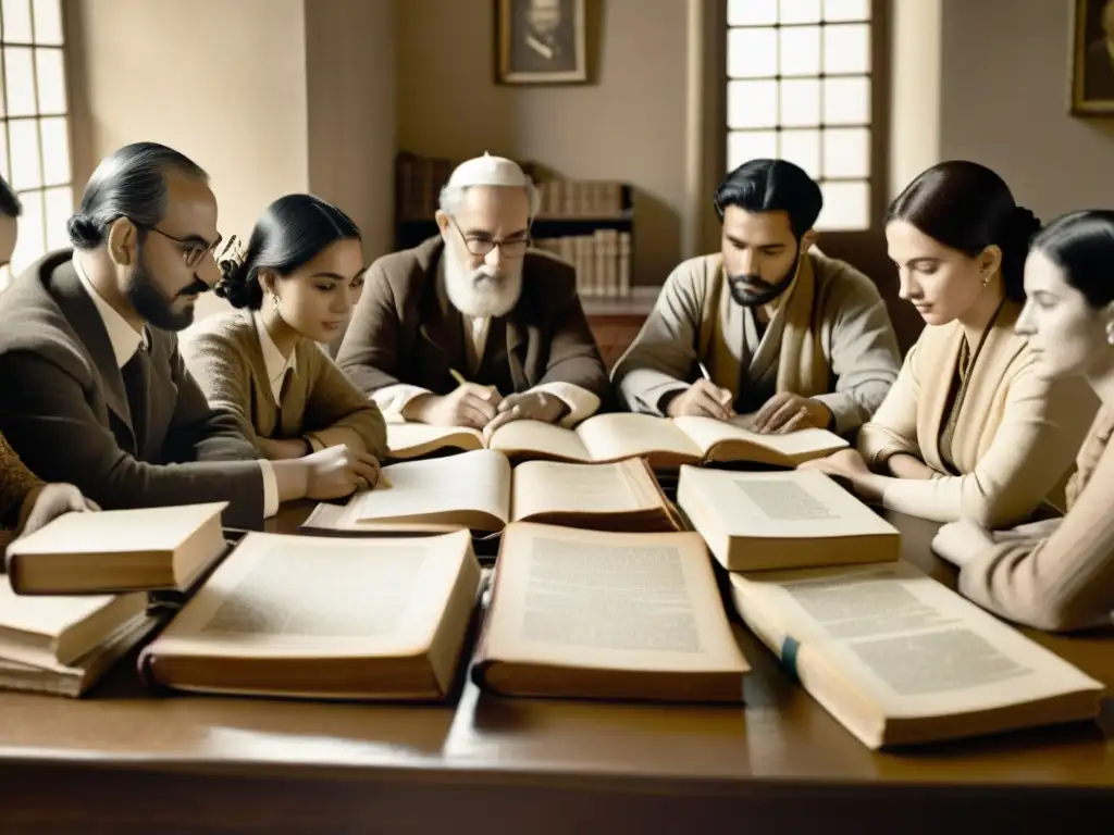 Un grupo de personas en trajes tradicionales concentran su atención en antiguos manuscritos semíticos, transmitiendo la importancia de la conservación de lenguas semíticas con tecnología