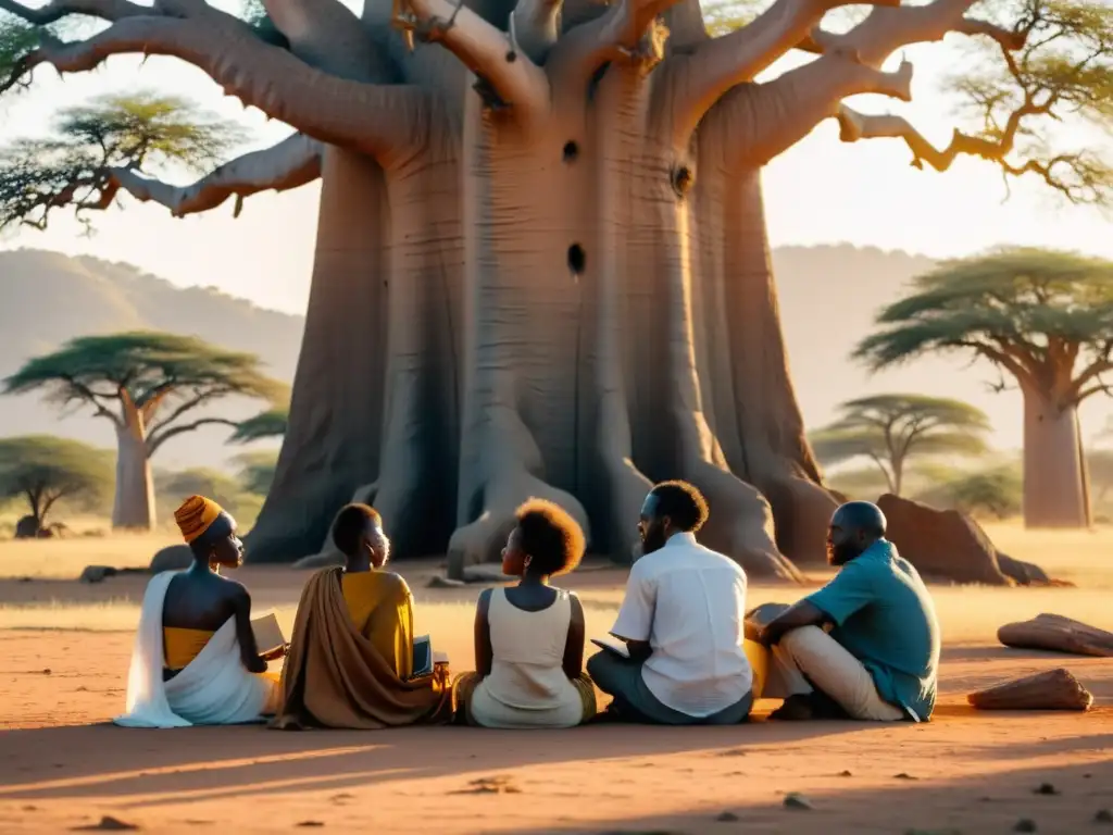 Un grupo de poetas africanos analiza ritmo y rima en lenguas africanas bajo un baobab al atardecer