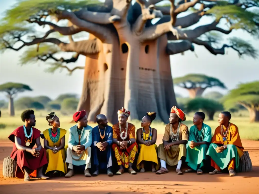 Un grupo de poetas bantú tradicionales recita versos bajo un baobab en la sabana africana al atardecer