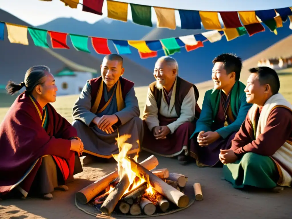 Un grupo de poetas y narradores tibetanos se reúnen alrededor de una hoguera, iluminados por su cálido resplandor, compartiendo la poesía tibetana contemporánea entre arquitectura tradicional y banderas de oración