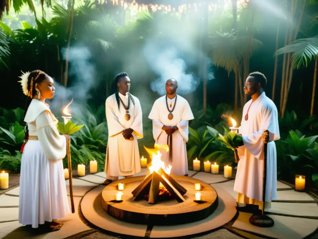 Un grupo de practicantes de vudú con francés criollo haitiano realizando un ritual en un bosque, rodeados de naturaleza y misticismo