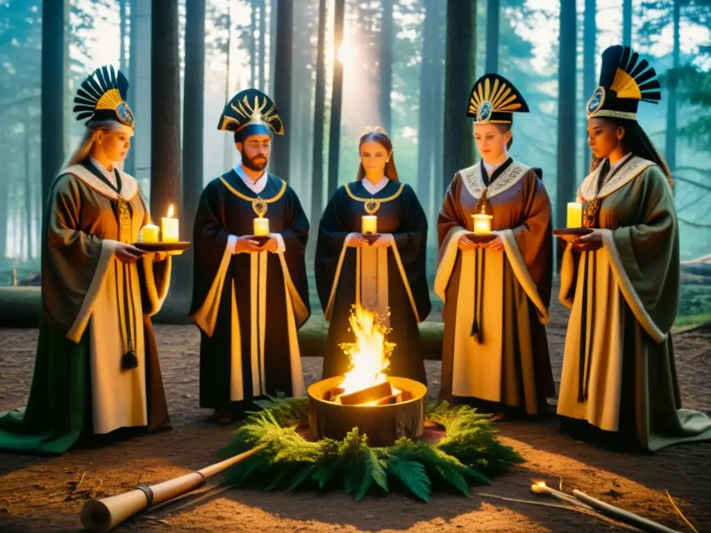 Un grupo de practicantes paganos modernos realiza un ritual en el bosque, rodeado de decoraciones hechas a mano, velas y símbolos antiguos