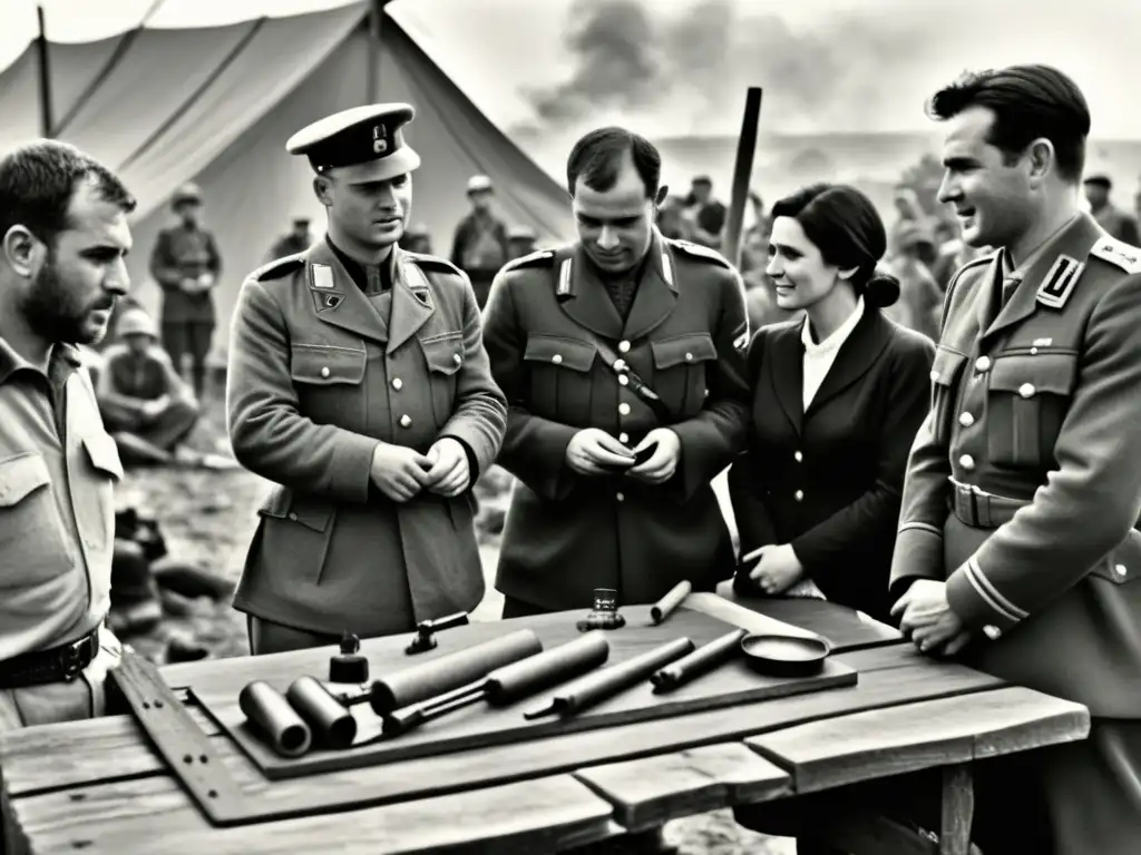 Un grupo de soldados y civiles conversan alrededor de una mesa improvisada en una zona de guerra, mientras un intérprete cansado traduce