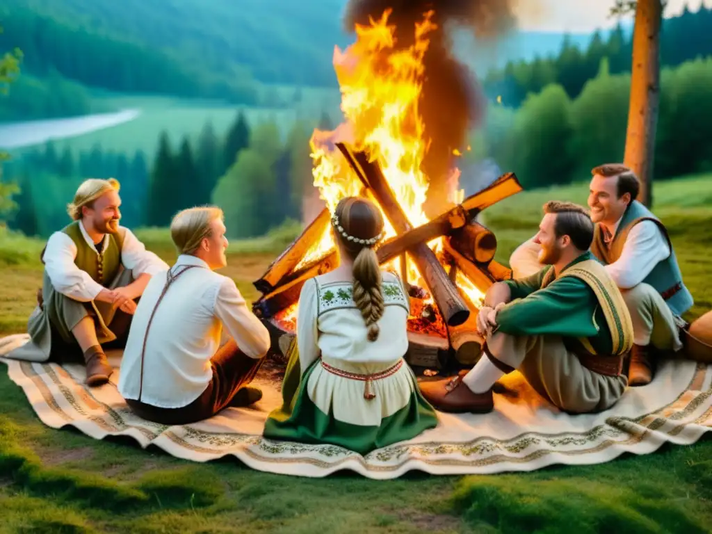 Un grupo en trajes tradicionales alemanes conversa alrededor de una fogata en el bosque, evocando la conservación de lenguas germánicas en riesgo